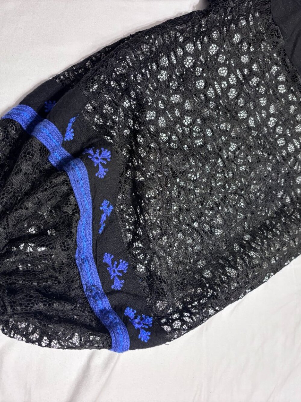 Free People Black & Blue Embroidered Peasant Boho Peplum Blouse Top Lace Size M - Picture 7 of 10